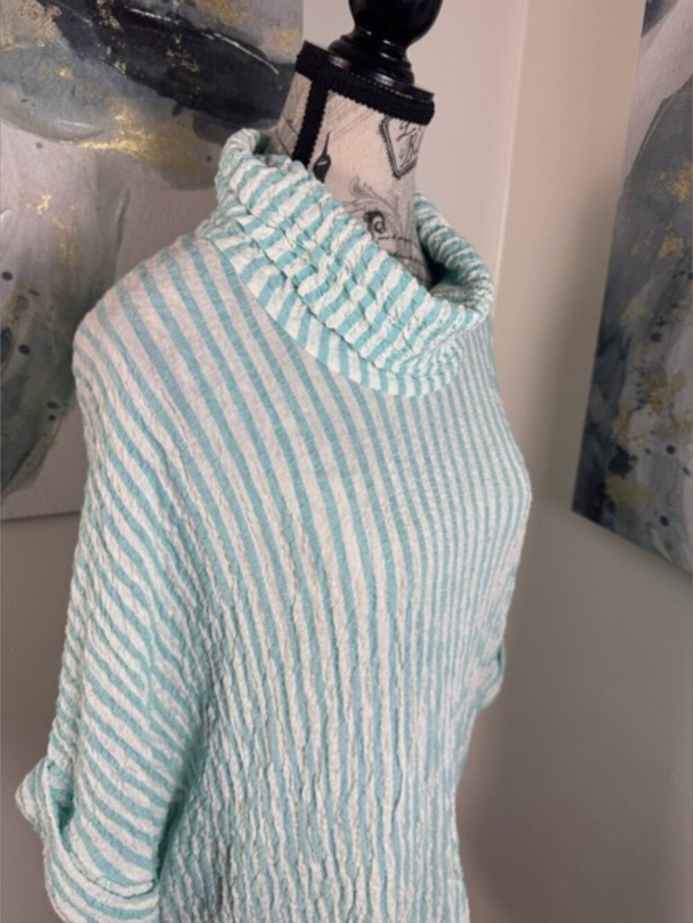 BOHO CHIC Aqua Stripe Cotton Oversized Turtleneck Tunic Top S - Picture 3 of 10